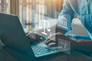 Stock Image: Legal advice online, labor law concept, layer or notary working.